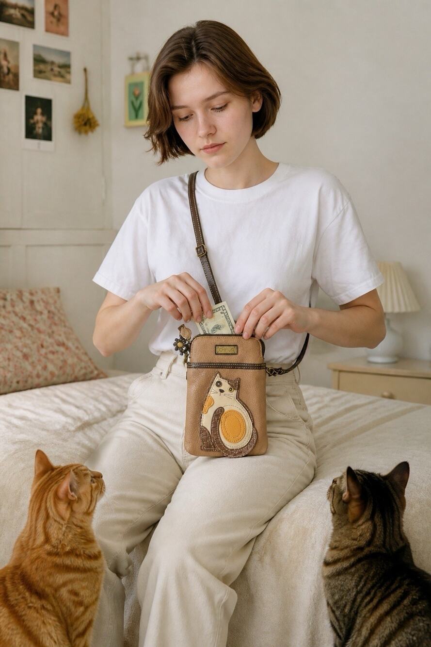Chala Earthtone Browns LaZzy Calico Cat Cellphone Crossbody Bag Kitty Feline